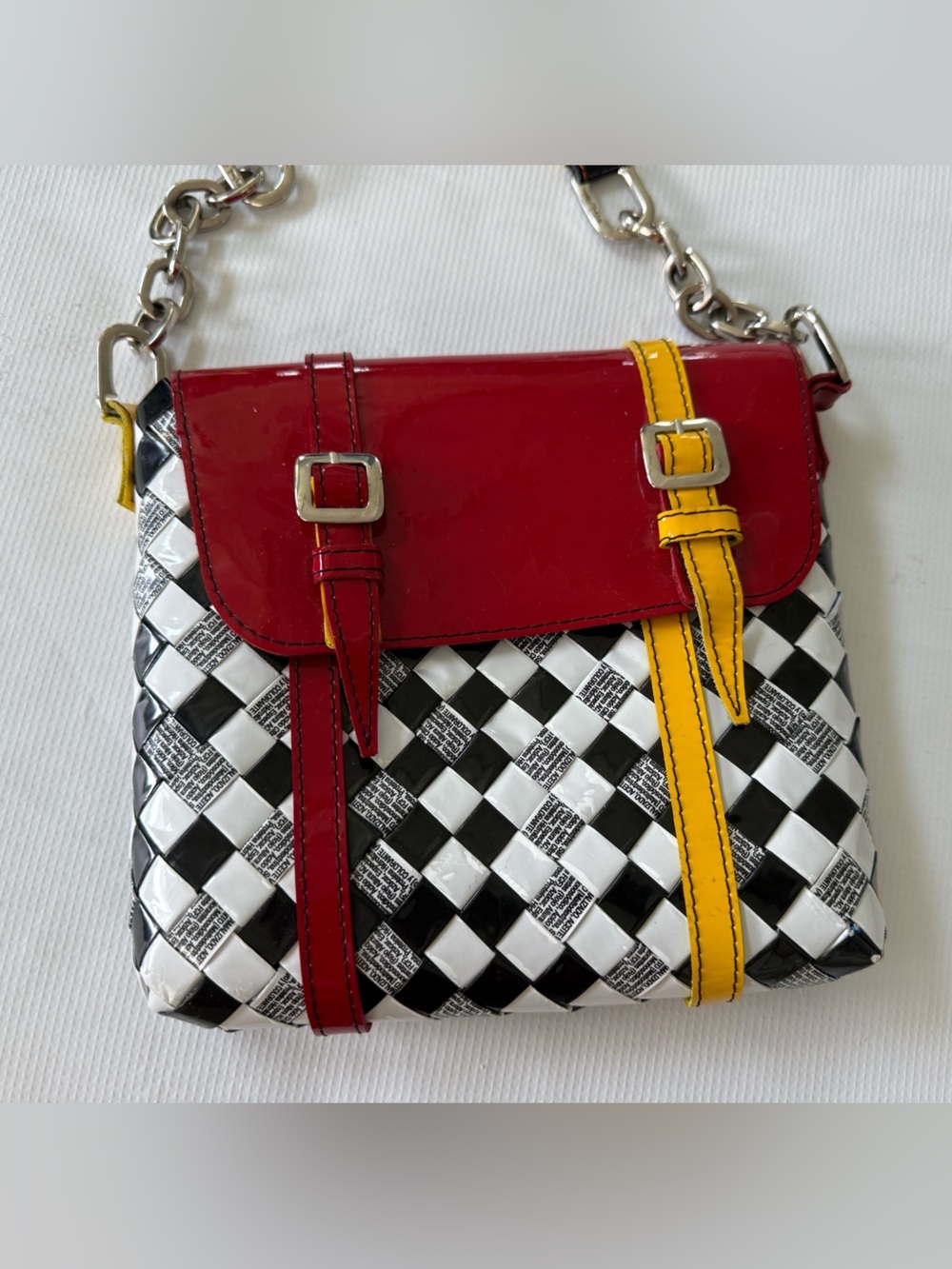 Nahui Ollin Red, Yellow & Black Checker Recycled Candy Wrapper Shoulder Bag